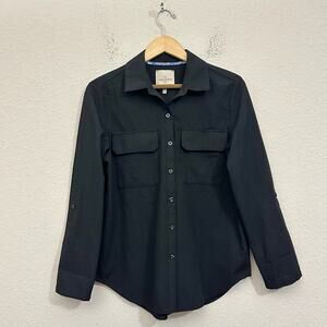 CASA CABANA Izzie Shirt Top Black Seersucker Button Up Roll Tab Sleeve